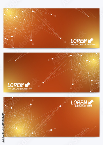 Modern set of vector banners. Geometric abstract presentation. Molecule DNA and communication background for medicine, science, technology, chemistry. Cybernetic dots. Lines plexus.