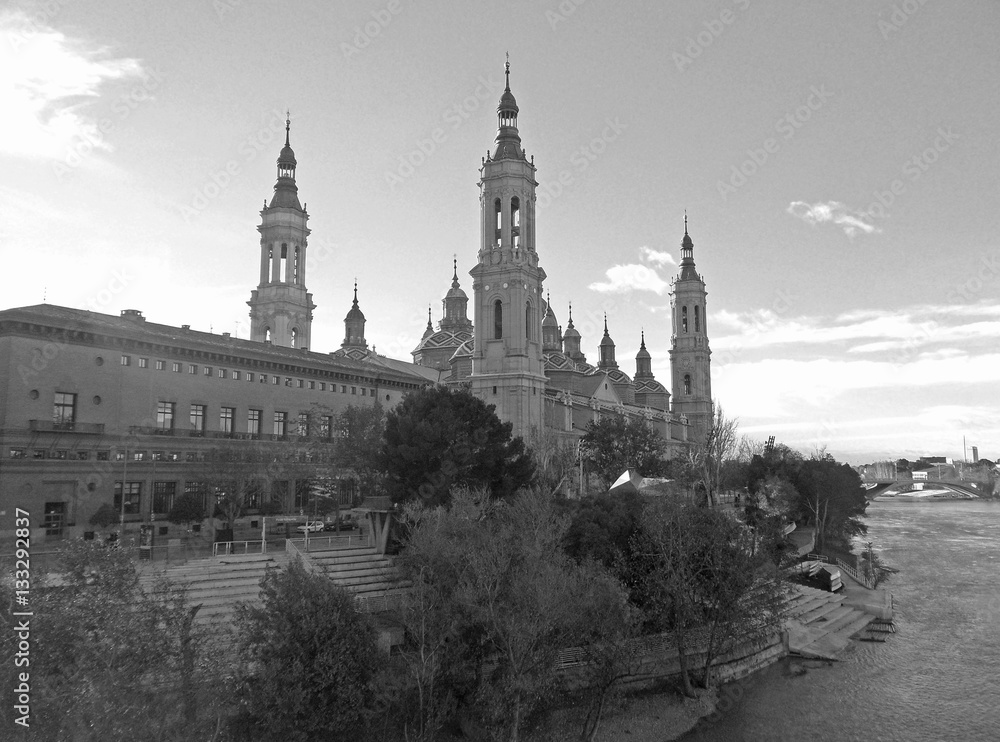 Monochrome Photo of Cathedral-Basilica of Our Lady of the Pillar, Zaragoza, Spain 