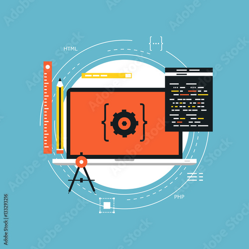 Application development with API interface flat vector illustration design. Technology concept for software API prototyping and testing. Design for web banners and apps