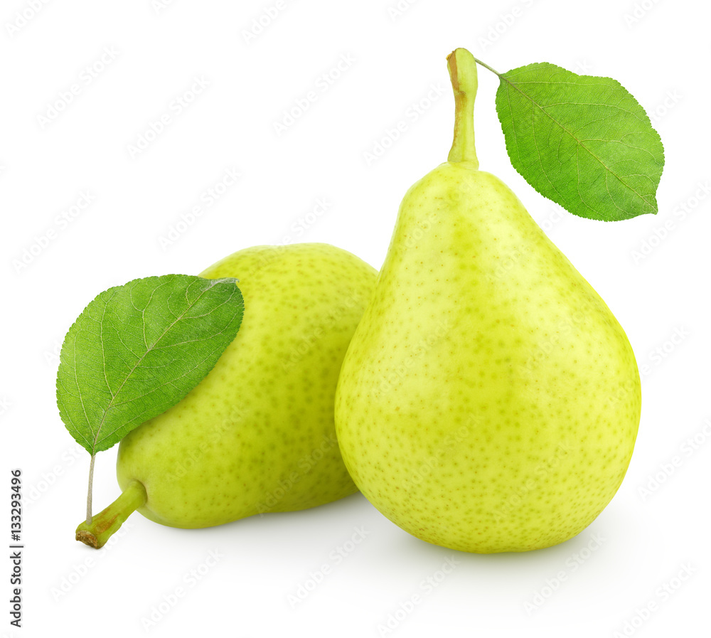 Green yellow pear fruits with leaf isolated on white background Green yellow pear fruits with leaf isolated on white background
