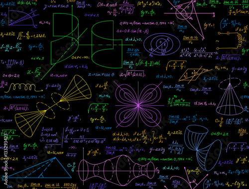 Mathematical vector seamless pattern with multicolored handwritten calculations, formulas, equations, plots and functions