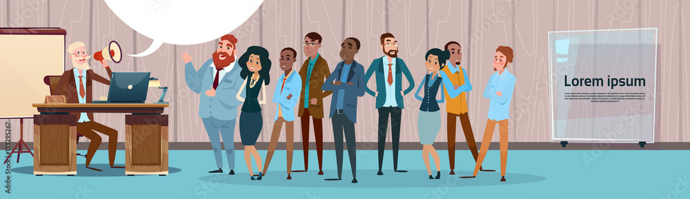 Obraz premium Businessman Boss Hold Megaphone Loudspeaker Colleagues Mix Race Business People Team Group Flat Vector Illustration