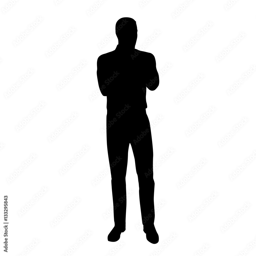 Standing man in shirt with folded arms thinking, vector silhouet