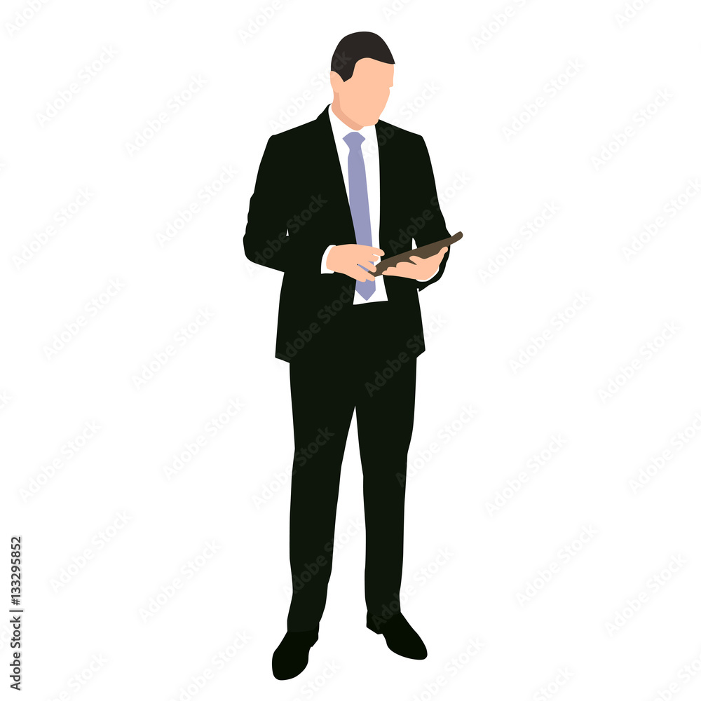 Business man in dark suit standing and looking something on tabl Business man in dark suit standing and looking something on tabl