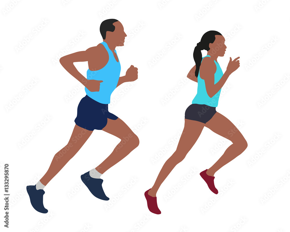 Running man and woman, active pair, set of vector illustrations