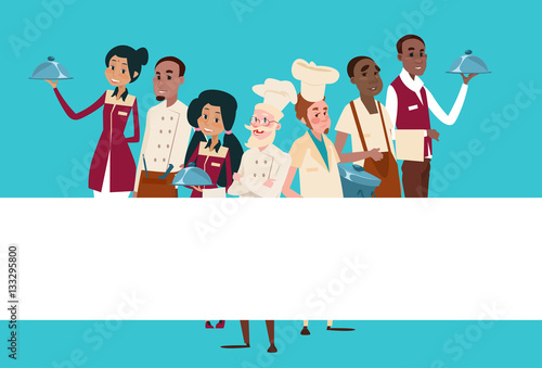 Restaurant Stuff Cook And Waiters Service Mix Race Group Banner Flat Vector Illustration