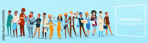People Group Different Occupation Set, Employees Mix Race Workers Banner Flat Vector Illustration