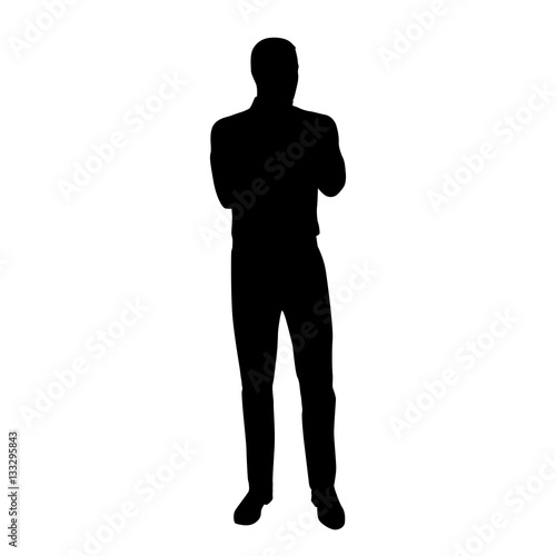 Standing man in shirt with folded arms thinking, vector silhouet