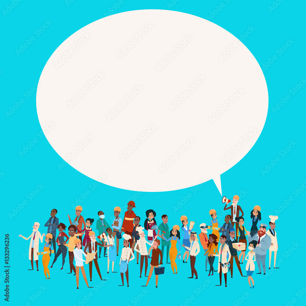 People Group Different Occupation Employees Mix Race Workers With Chat Bubble Network Communication Banner Flat Vector Illustration