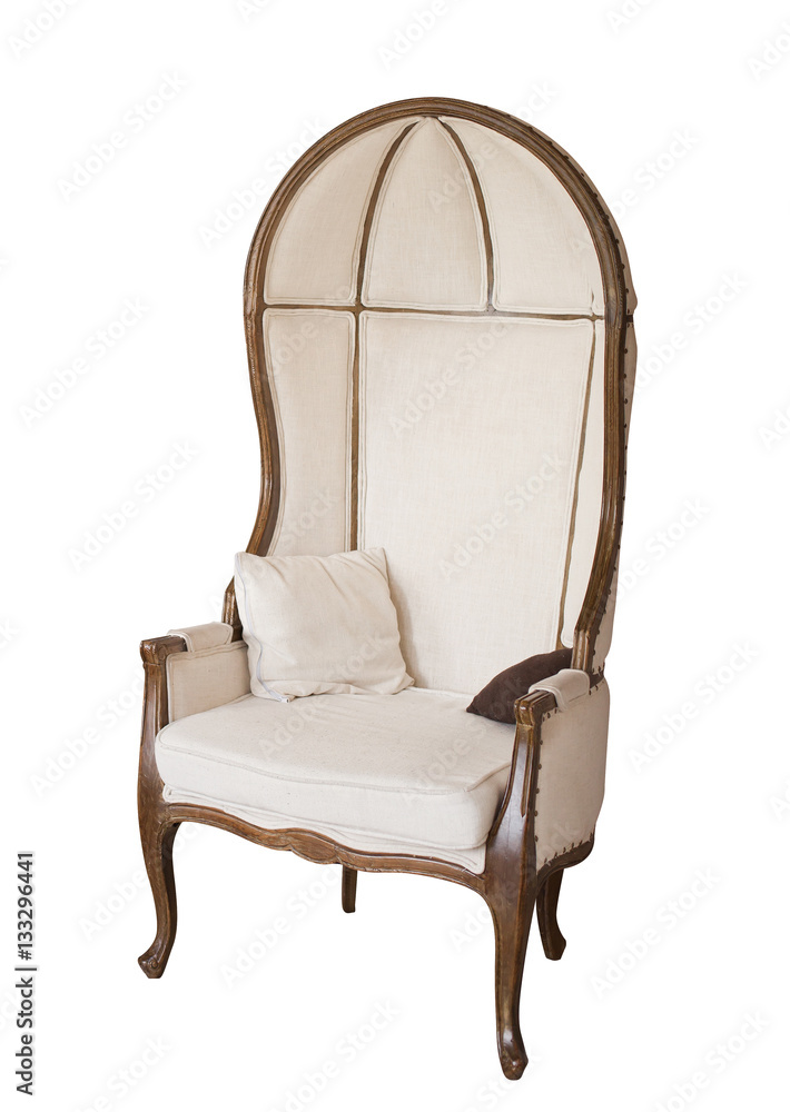 soft armchair with a pillow isolated on white. Armchair with fabric upholstery