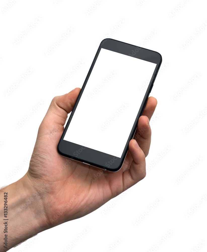 Male hand holding a black smart phone Male hand holding a black smart phone