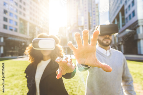 Photography Business woman and man wearing virtual reality headset