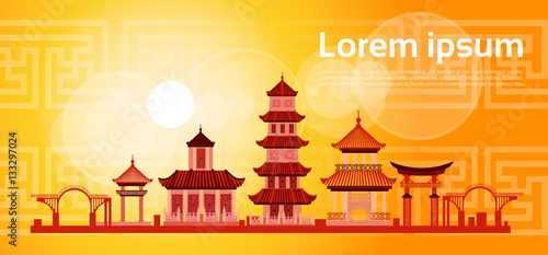 Chinese Traditional Abstract Buildings Colorful Ornament Banner Flat Vector Illustration