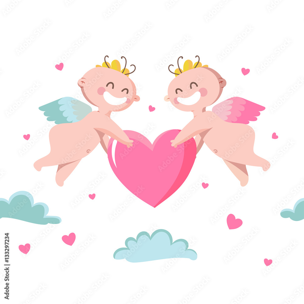 Cute Cupids holding heart in the clouds. Valentine Day greeting Cute Cupids holding heart in the clouds. Valentine Day greeting