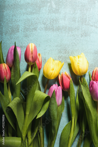 Easter and spring background with tulips and eggs.