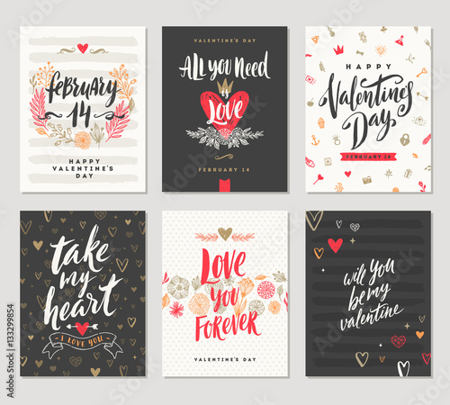 Vector set of Valentine's Day hand drawn posters or greeting card with handwritten calligraphy quotes, phrase and illustrations.