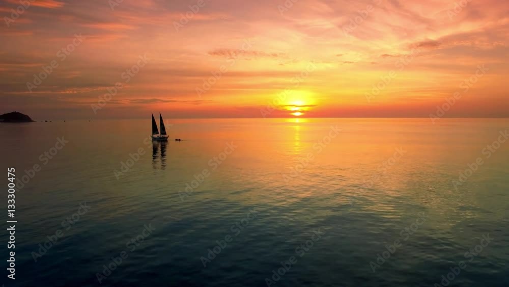 4K Drone; Sail boat at sunset, Koh Tao, Thailand
