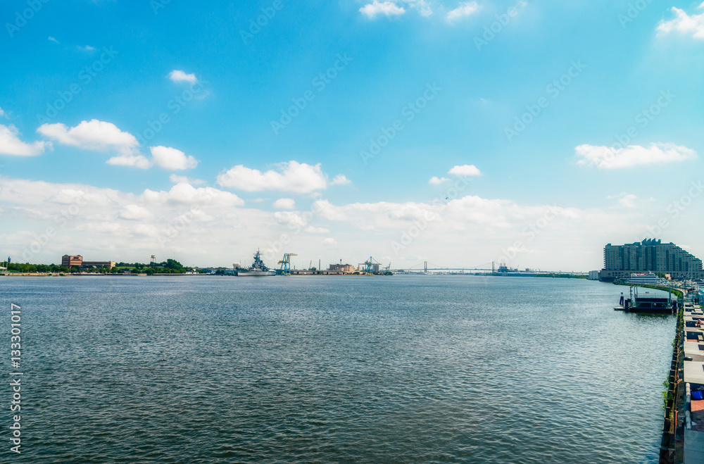 PHILADELPHIA, USA: View on Delaware river and ships. The Delaware River is a major river on the Atlantic coast of the United States.