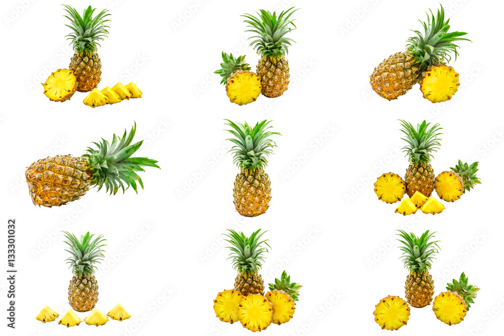 Isolated set of pineapples fruit slices on white background with clipping path Isolated set of pineapples fruit slices on white background with clipping path