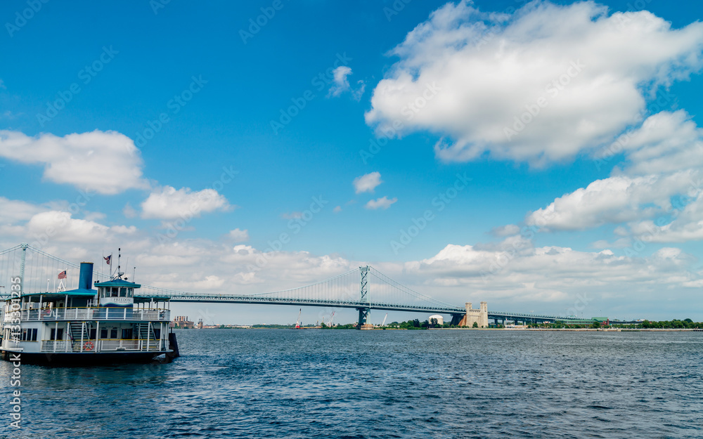 PHILADELPHIA, USA: View on Delaware river and ships. The Delaware River is a major river on the Atlantic coast of the United States.