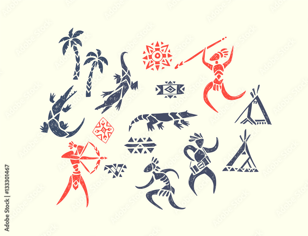 Tribal ornamental texture. Decorative composition with people, crocodile, wigwams and palms. Vector hand drawn illustration of a hunters and wild animals in the jungle