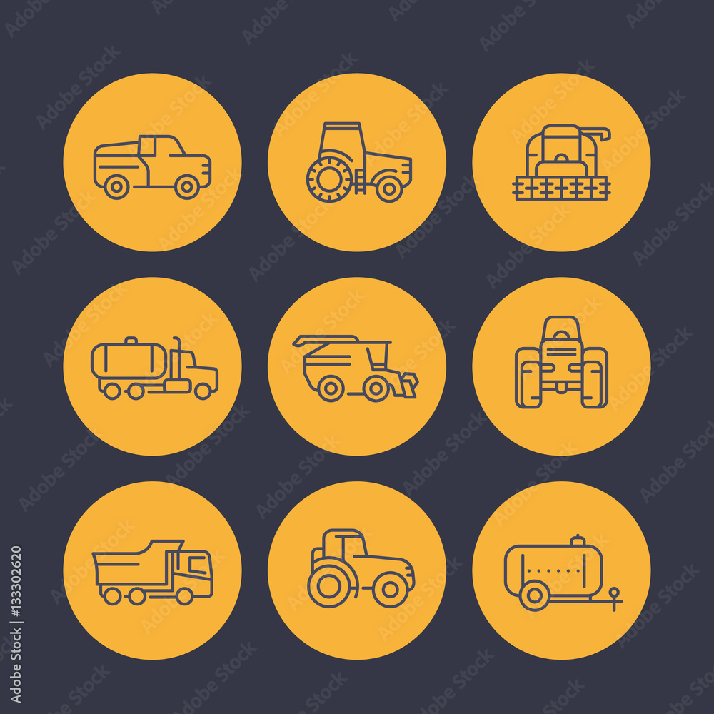 Agricultural machinery icons in linear style, tractor, milk truck, pickup car, harvester, combine machine, agrimotor vector illustration