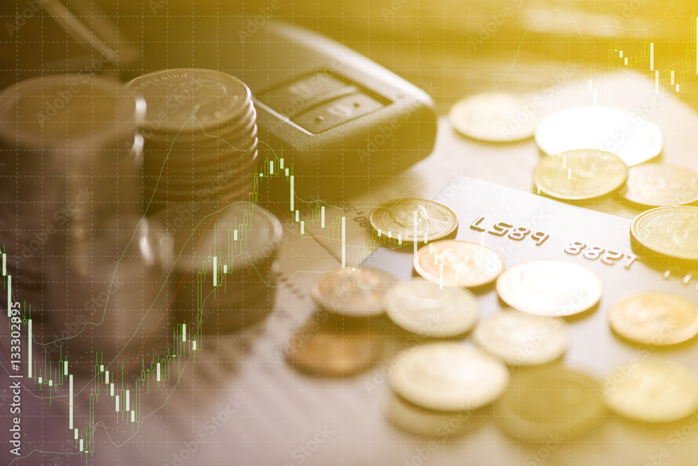 Φωτογραφία Double exposure of rows of coins, account book, credit card and car key remote