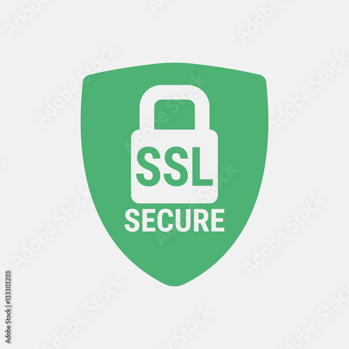 Global SSL Security Icon. Safe and Secure Web sites on the Internet. SSL certificate for the site. Advantage TLS. Closed padlock on a green shield. Material Design icon. Vector illustration. photo