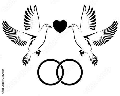 Two Doves flying with wedding rings. Vector illustration.