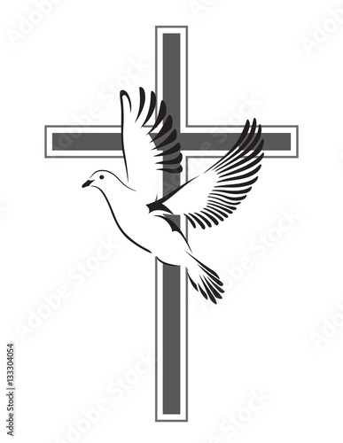 Dove flying with a Symbol of Religion. Cross. Dove Of Peace. Vector illustration.