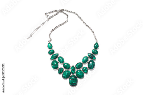 Fototapeta jewelry jewels bijouterie necklace with green malachite stones and silver chain