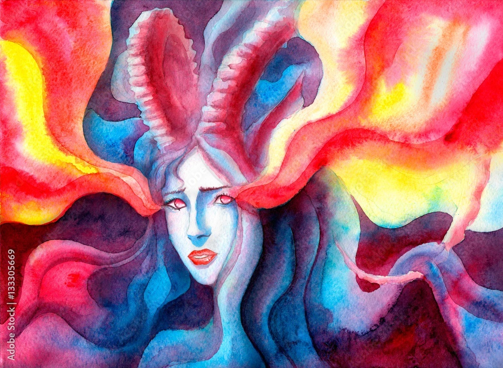 shy girl with long horns, symbolizes the zodiac sign Capricorn