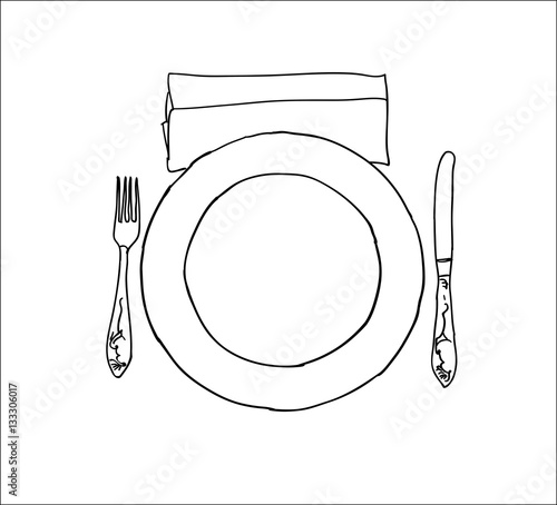 Digital vector knife fork and plate isolated on white background simple icon, hand drawn line art, flat style