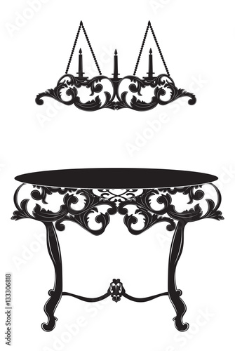 Rich Baroque commode Table and lamp. French Luxury rich carved ornaments decorated furniture. Vector Victorian Royal Style structure