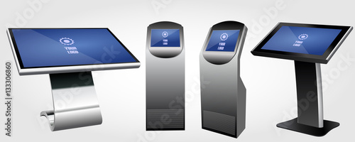 Set of Promotional Interactive Information Kiosk, Advertising Display, Terminal Stand, Touch Screen Display. Mock Up Template.
