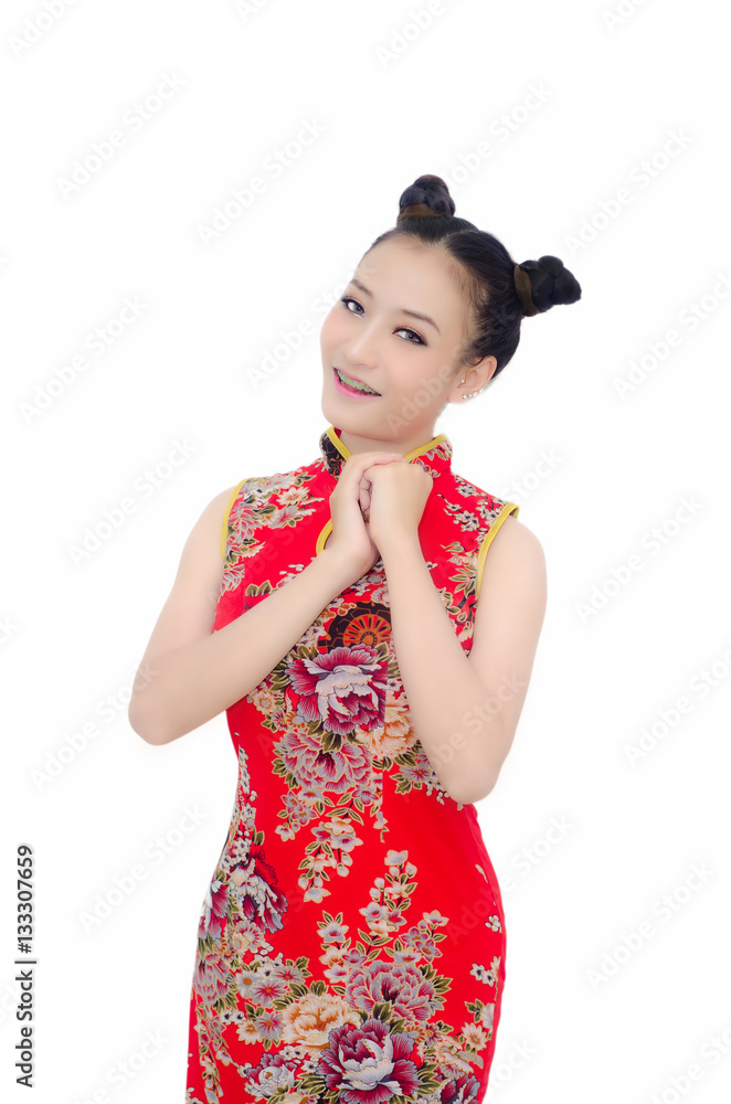 happy Chinese new year. Asian girl with gesture of congratulation on White background happy Chinese new year. Asian girl with gesture of congratulation on White background