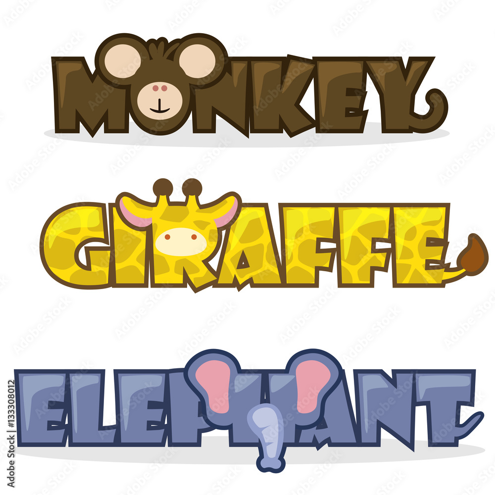 cute cartoon wild animals, funny text name monkey, giraffe and elephant  Stock Vector | Adobe Stock