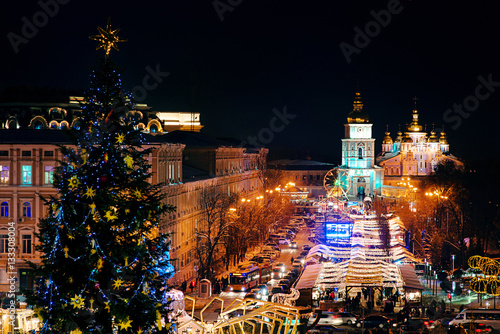 Xtree with new year decorations on the Sophia's Square in the center of Kiev, Ukraine photo