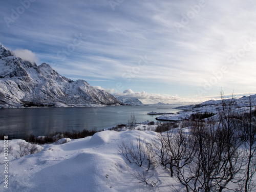 Sea and mountains near Svolvaer on Lofoten, Norway in winter