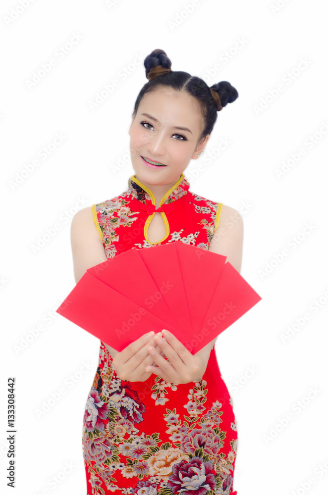 happy Chinese new year. Asian girl with gesture of congratulation and holding red envelope on White background happy Chinese new year. Asian girl with gesture of congratulation and holding red envelope on White background