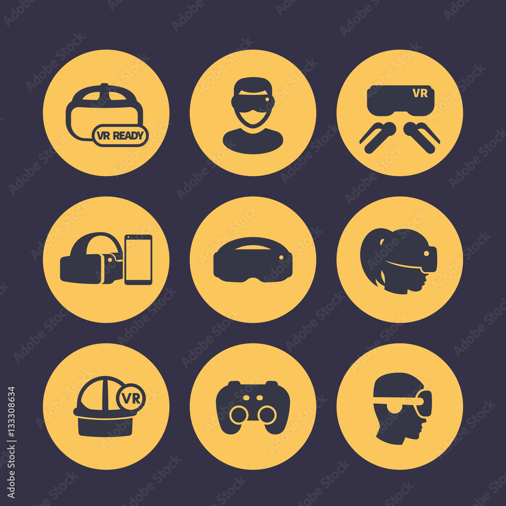 virtual reality, VR headset, glasses, games icons set