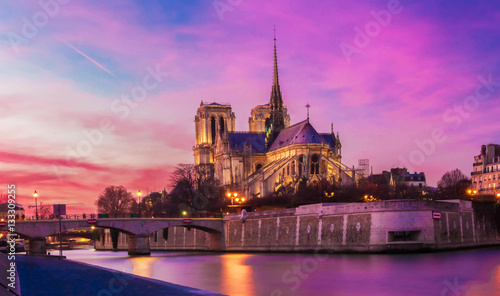 The Notre Dame cathedral at night, Paris, France.