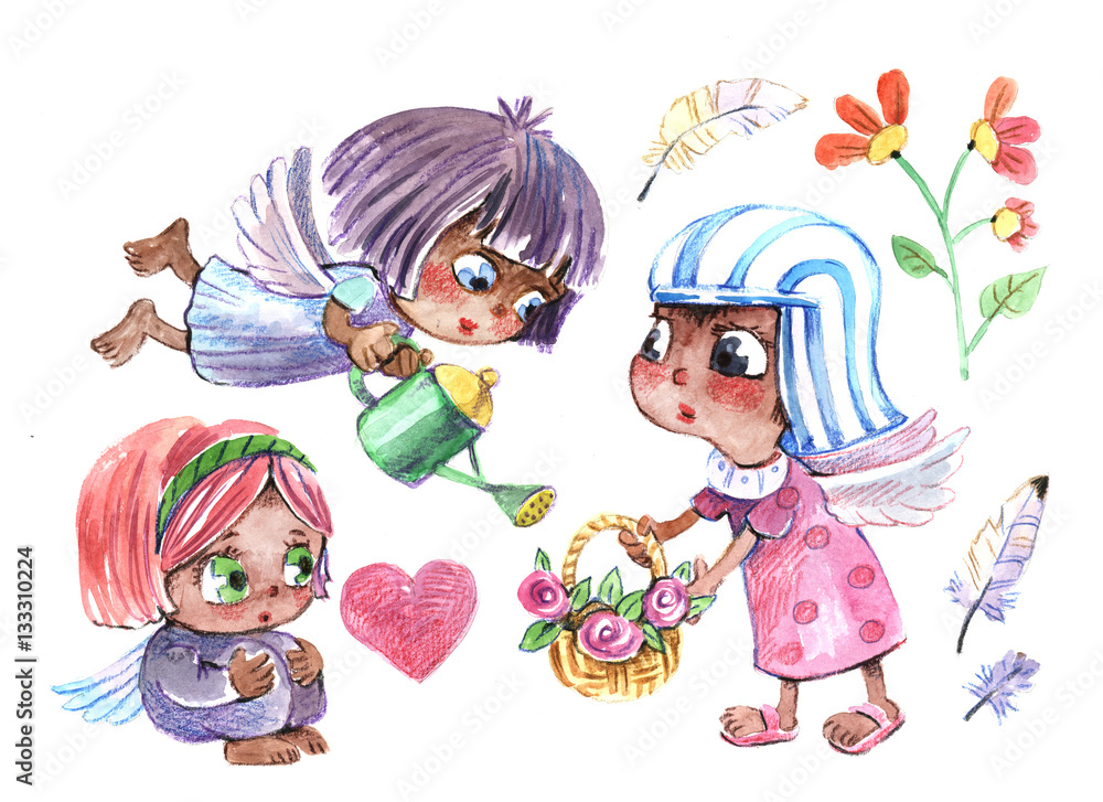 little angels, dark-skinned children, Valentine's Day, watercolor little angels, dark-skinned children, Valentine's Day, watercolor