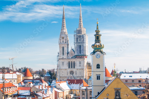 Panoramic view of cathedral in Zagreb, Croatia, from Upper town, winter, snow on roofs