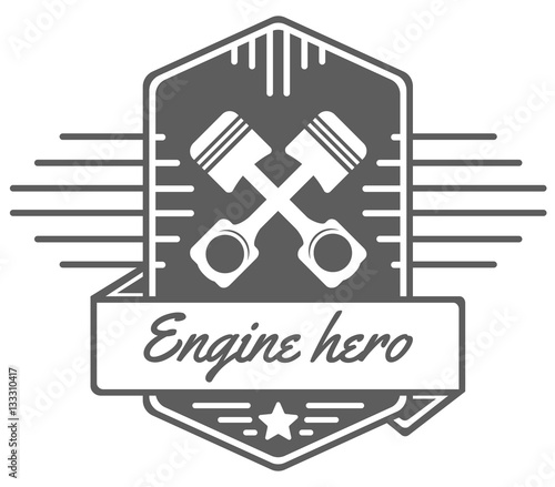 vector logo of car customizing club with crossed pistons, ribbon and text; tuning motors garage insignia