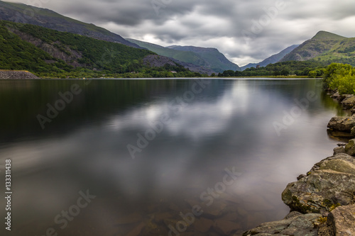 Llanberis, Gwynedd, northwest Wales, lake Llyn Padarn at the foot of Snowdon and Dolbararn Castle.