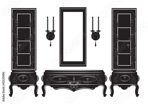 Vintage Sideboard cabinet Showcase silhouette. Vector illustration isolated on white background. Vintage Gothic style furniture. Hermitage decorated collection