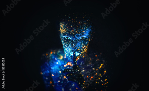 UV light painting alien blue girl with stars