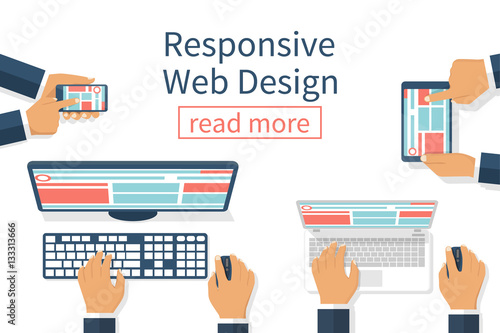 Responsive Web Design. Team working on the project at table responsive design. Use smartphone, laptop, tablet, computer. Website Responsive Concept. App development. Flat style, vector. photo
