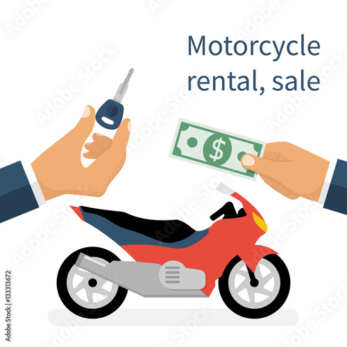 Motorcycle sale, rental motorbike. Deal businessman salesman and client, money and key hold in hands. Two-wheeled vehicles isolated on white background. Vector illustration flat design.